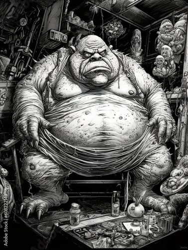 fat old crumpy man black and white Generative AI photo