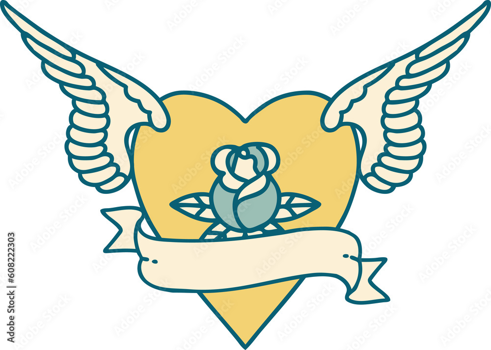 Fototapeta premium iconic tattoo style image of heart with wings a rose and banner