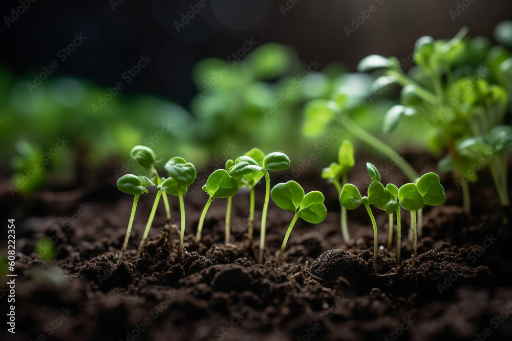 Young green seedling grow from soil. close up view. Generative AI Young green seedling grow from soil. close up view. Generative AI