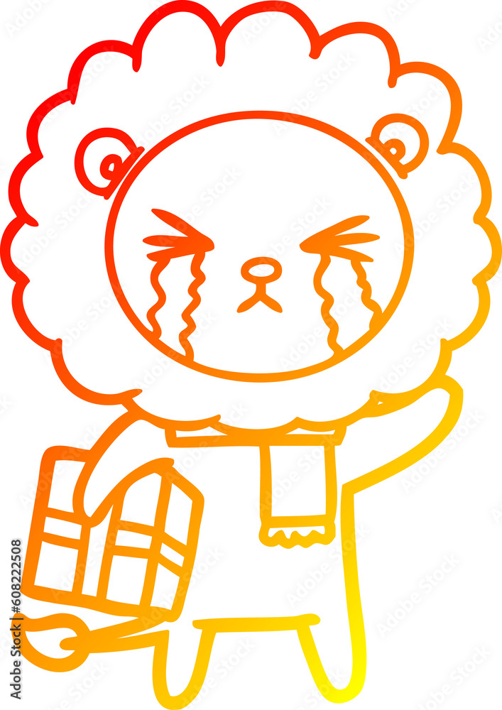 warm gradient line drawing of a cartoon crying lion