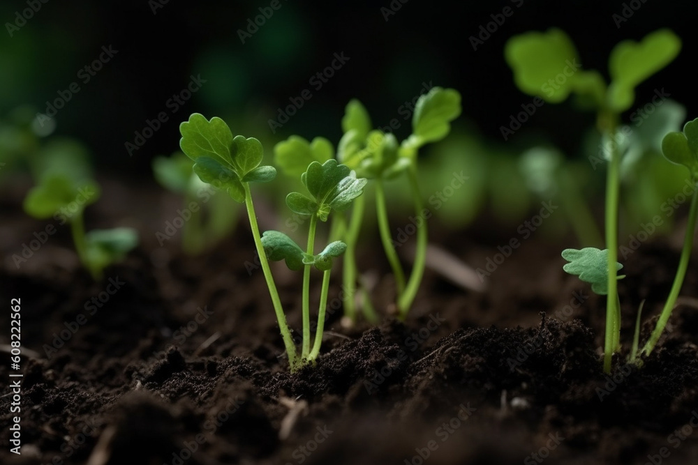 Young plant grow from soil, close up view. New life concept. Generative AI Young plant grow from soil, close up view. New life concept. Generative AI