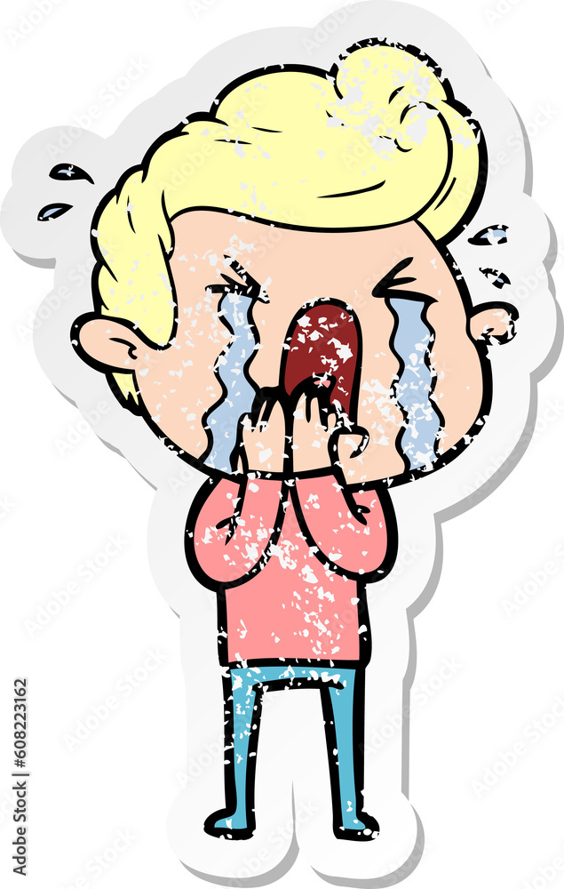 distressed sticker of a cartoon crying man distressed sticker of a cartoon crying man