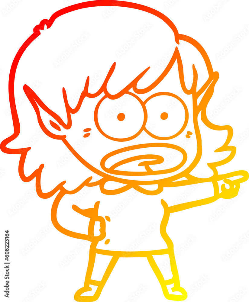 warm gradient line drawing of a cartoon shocked elf girl pointing warm gradient line drawing of a cartoon shocked elf girl pointing