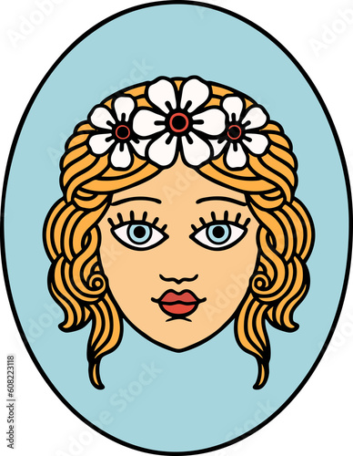tattoo in traditional style of a maiden with crown of flowers