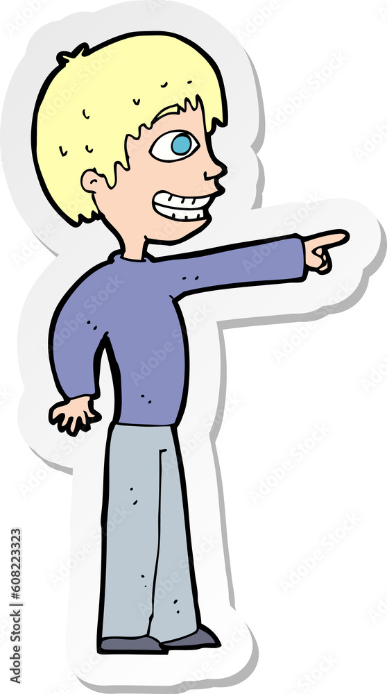 sticker of a cartoon grinning boy pointing sticker of a cartoon grinning boy pointing