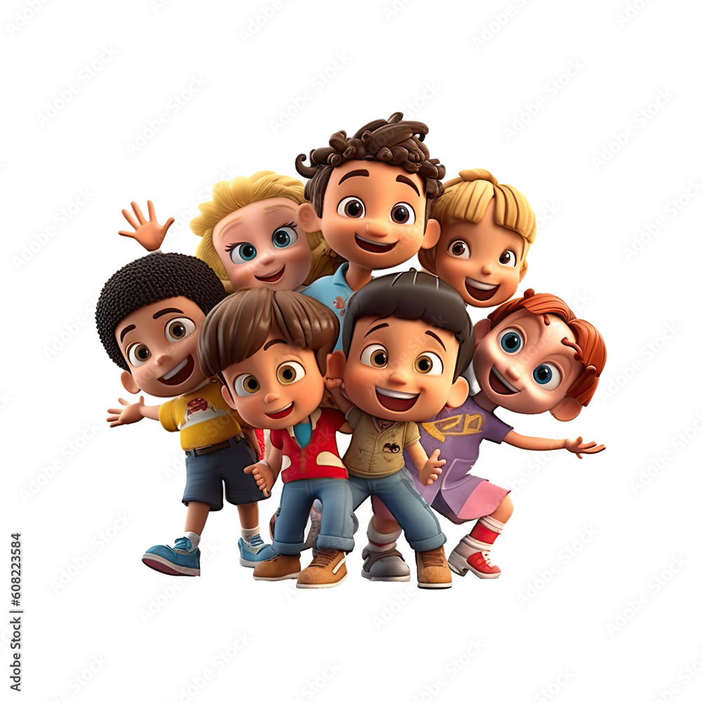 3D cartoon group of little children on transparent background
