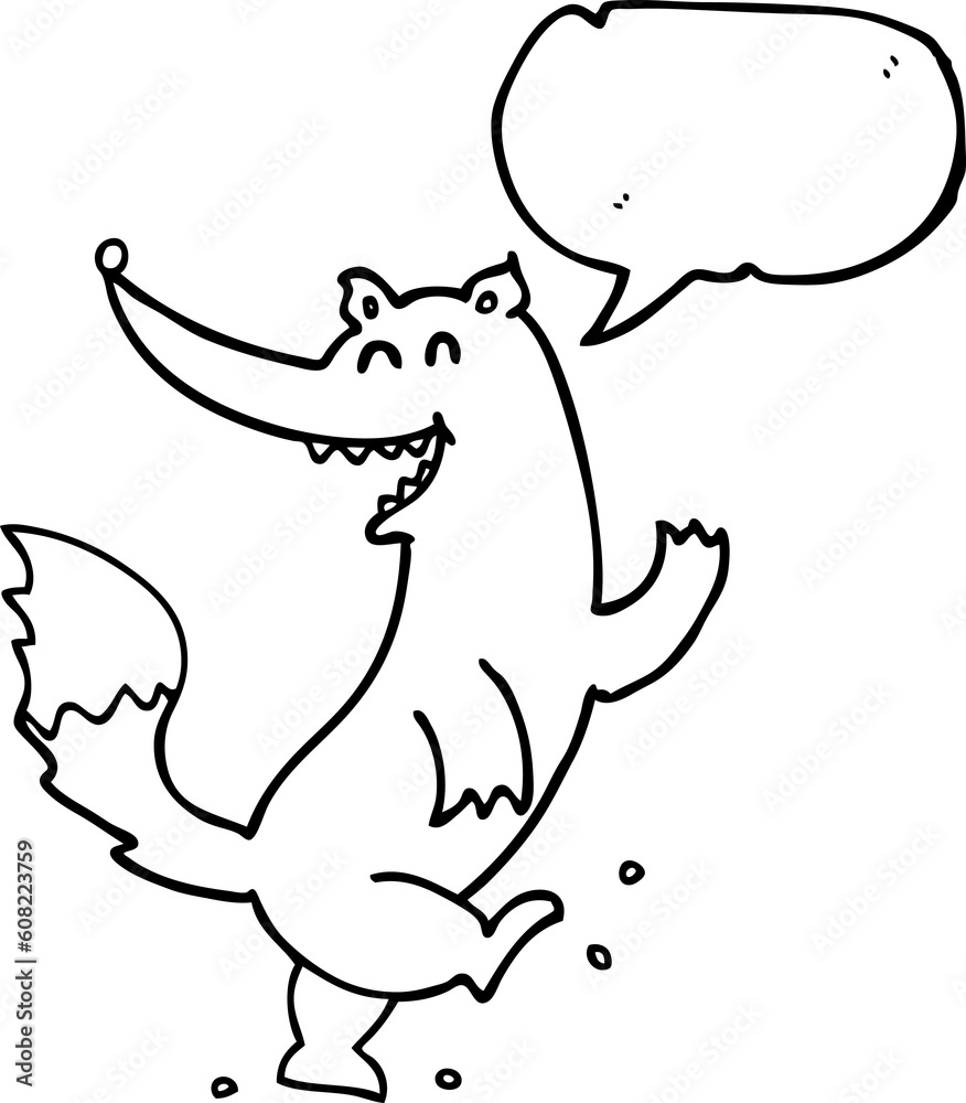 Fototapeta premium freehand drawn speech bubble cartoon happy wolf dancing
