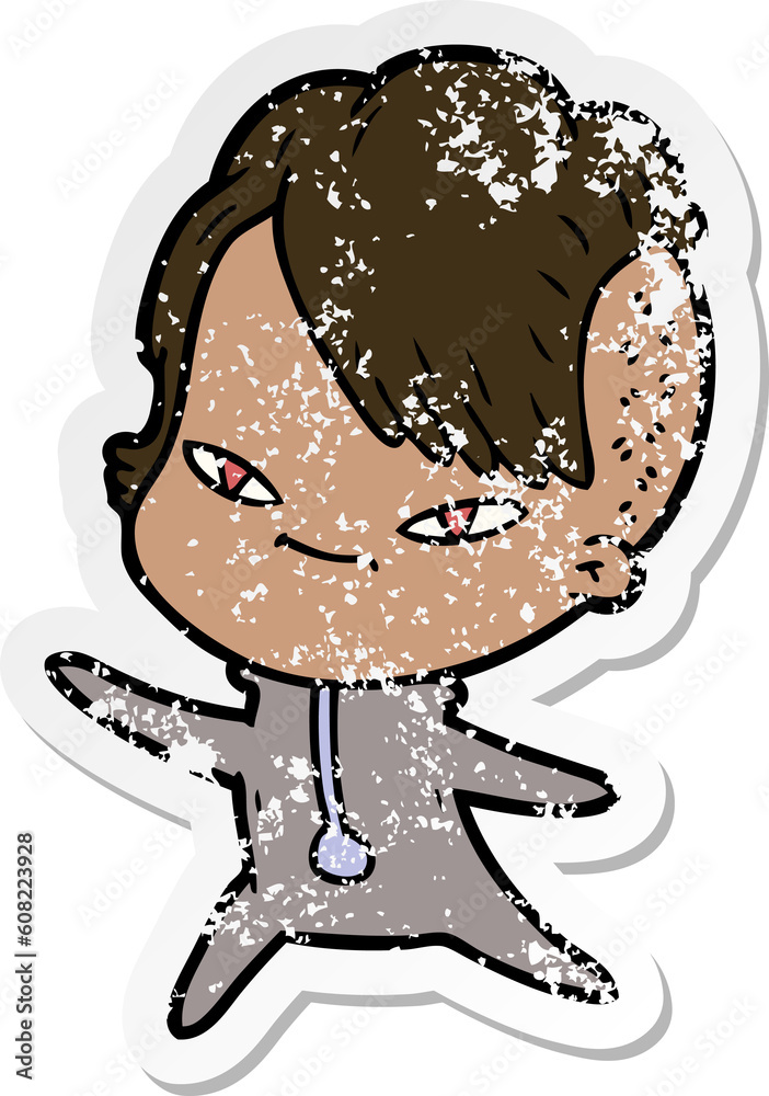 distressed sticker of a cute cartoon girl with hipster haircut distressed sticker of a cute cartoon girl with hipster haircut