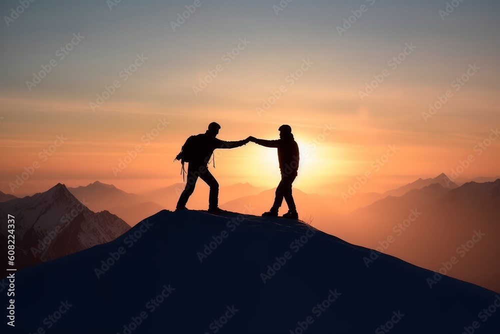 Silhouette friends imaging touch cold on the mountain peaks. Generative AI Silhouette friends imaging touch cold on the mountain peaks. Generative AI