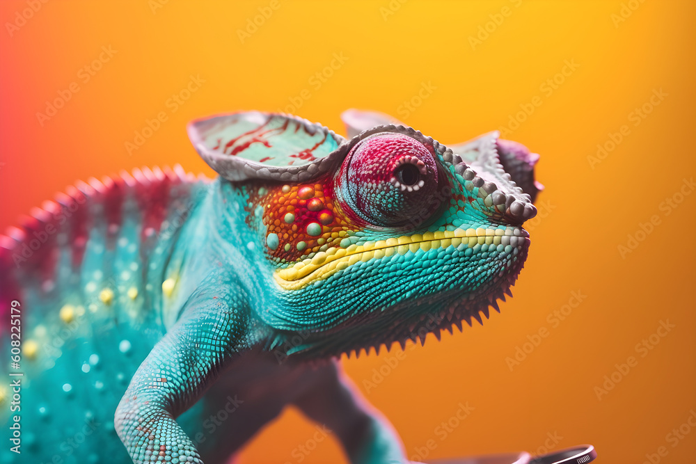 Funny chameleon in studio, colorful background. Generative AI