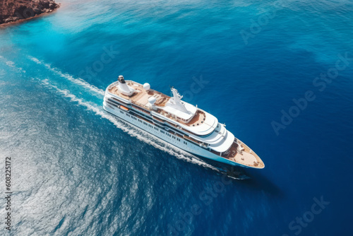 a summer cruise ship in blue ocean aerial top view,  generative ai © Poter