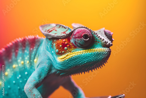 Funny chameleon in studio, colorful background. Generative AI