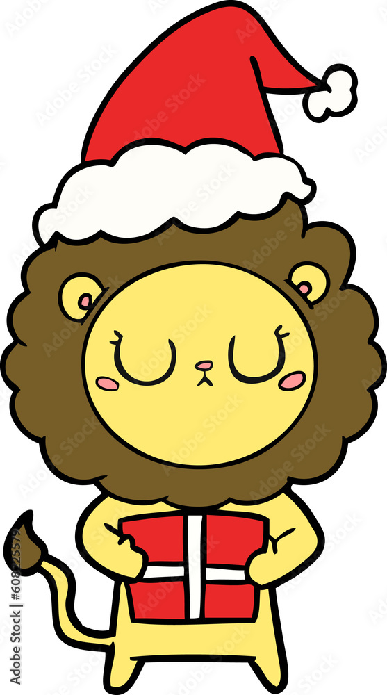 hand drawn line drawing of a lion with christmas present wearing santa hat