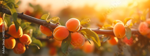 apricot grows on a tree in the harvest garden. Generative Ai,