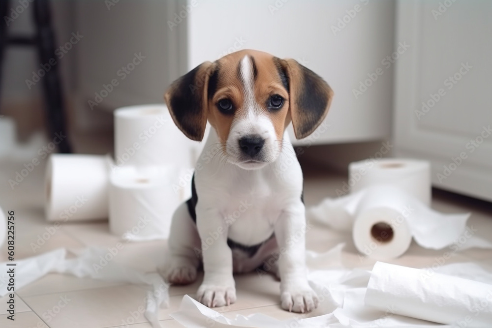 Puppy dog in home bathroom play with toilet papper. Generative AI