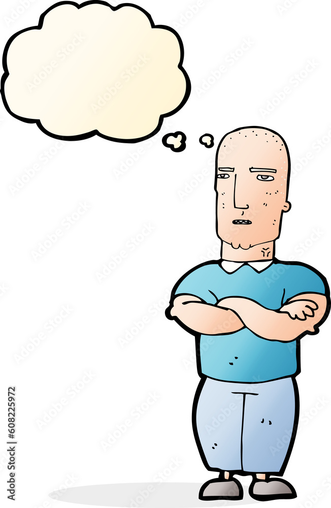 cartoon annoyed bald man with thought bubble