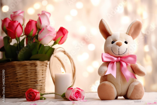 romantic gift for a girl a bouquet of roses and a plush rabbit generative ai © Poter