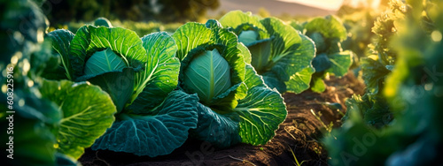 Photo cabbage grows in the garden harvest. Generative Ai,