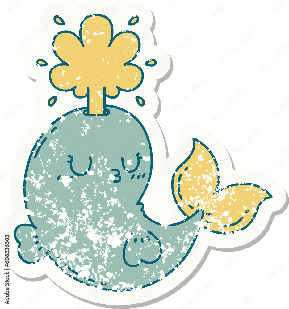 worn old sticker of a tattoo style happy squirting whale character worn old sticker of a tattoo style happy squirting whale character