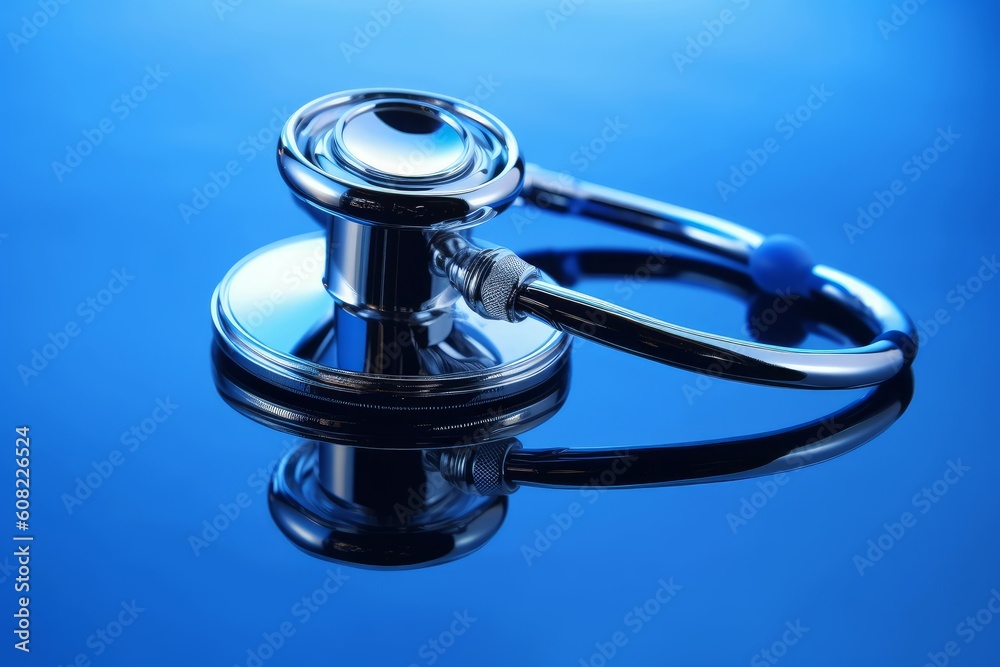 Stethoscope on blue reflective background. Generative AI Stethoscope on blue reflective background. Generative AI