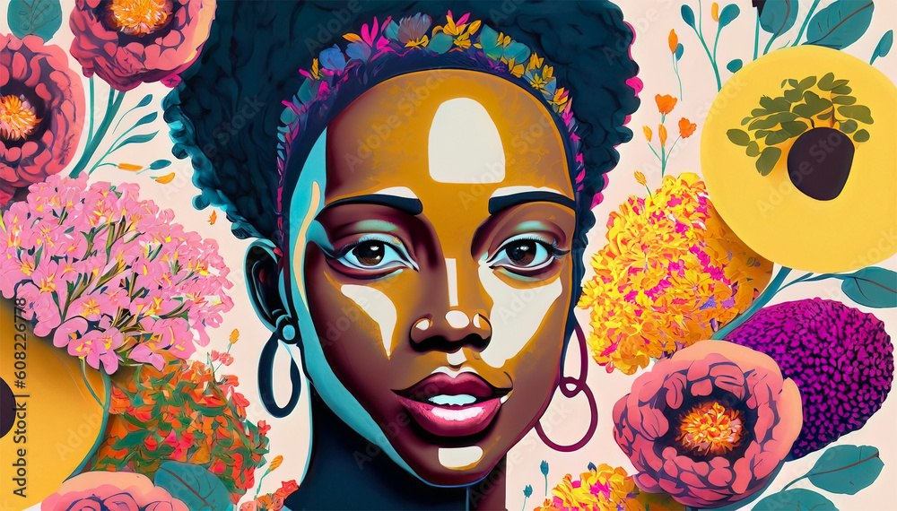 Face of black woman surrounded by lots of multicolored flowers - generative ai illustration