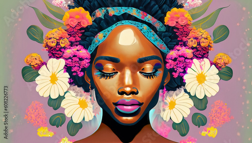 Face of black woman surrounded by lots of multicolored flowers
