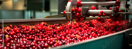 cherries  tape in the food industry  products ready for automatic packaging. Concept with automated food production. Generative AI 