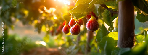 Fig grows on a tree in the harvest garden. Generative Ai,