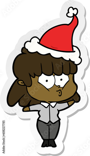 hand drawn sticker cartoon of a whistling girl wearing santa hat © lineartestpilot