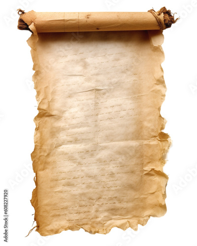 A large roll of brown, weathered parchment paper with space to insert text on a transparent background, Generative AI