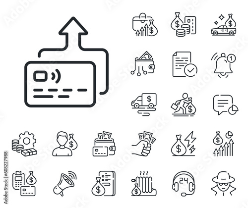 Send money payment sign. Cash money, loan and mortgage outline icons. Credit card line icon. Receive transaction symbol. Card line sign. Credit card, crypto wallet icon. Inflation, job salary. Vector