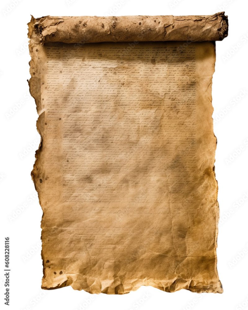 A roll of brown, weathered and aged parchment paper with space to insert text on a transparent background, Generative AI