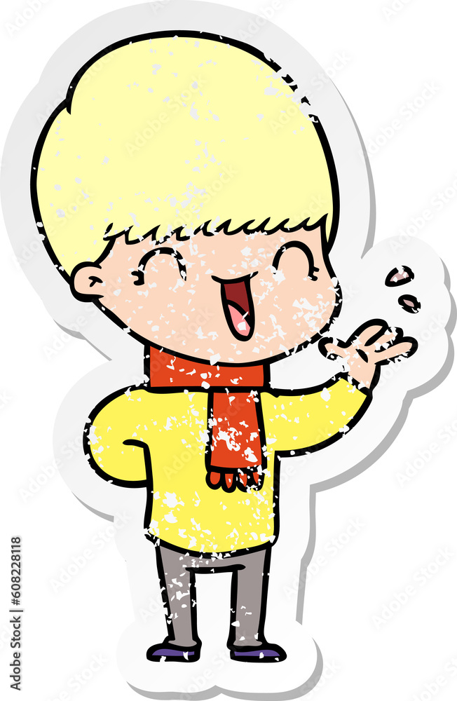 distressed sticker of a happy cartoon boy distressed sticker of a happy cartoon boy