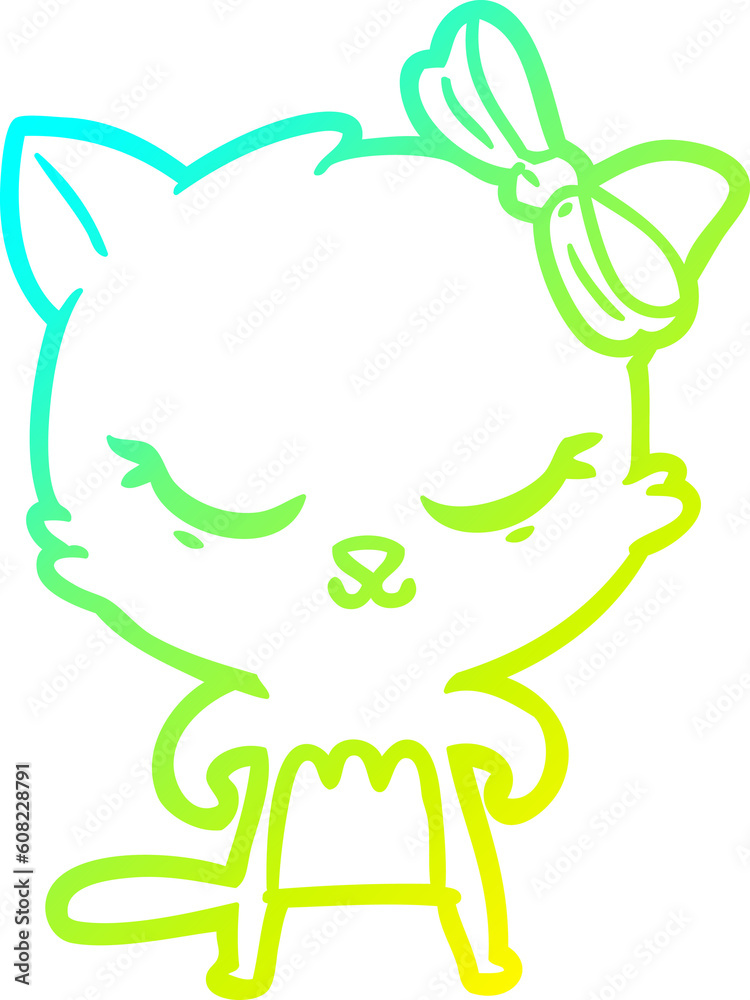 cold gradient line drawing of a cute cartoon cat with bow cold gradient line drawing of a cute cartoon cat with bow