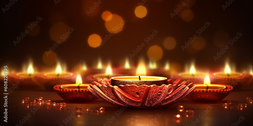 Kerzen in schönen Kerzenbehälter in roten Farben und Lichter Bukeh Nahaufnahme , ai generativ
