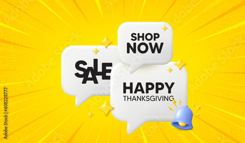 Happy thanksgiving tag. 3d offer chat speech bubbles. Happy family holiday message. Autumn thank you day. Happy thanksgiving speech bubble 3d message. Talk box banner with bell. Vector