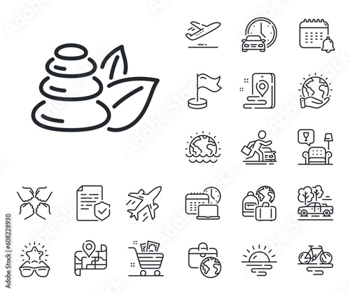 Bath resort sign. Plane jet, travel map and baggage claim outline icons. Spa stones line icon. Hotel service symbol. Spa stones line sign. Car rental, taxi transport icon. Place location. Vector
