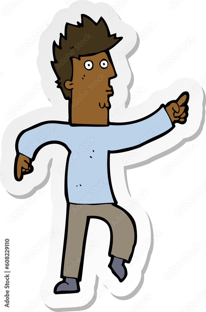 sticker of a cartoon worried man pointing sticker of a cartoon worried man pointing