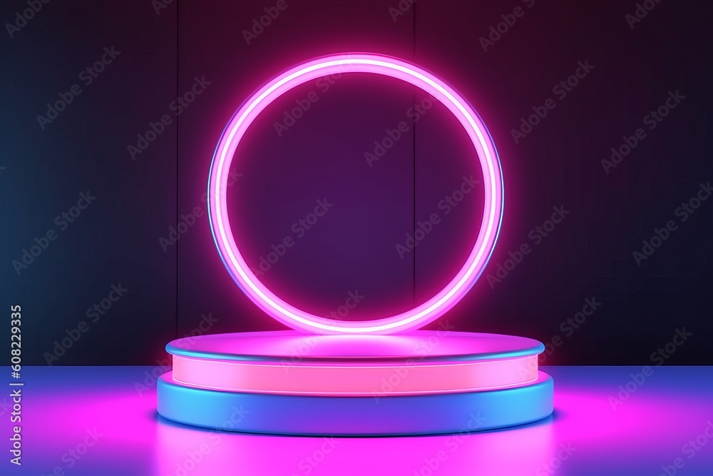 Empty podium with line gradient neon ring. Beautiful illustration picture. Generative AI Empty podium with line gradient neon ring. Beautiful illustration picture. Generative AI