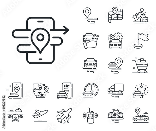 Phone navigation map sign. Plane, supply chain and place location outline icons. GPS line icon. Journey road symbol. Gps line sign. Taxi transport, rent a bike icon. Travel map. Delivery truck. Vector