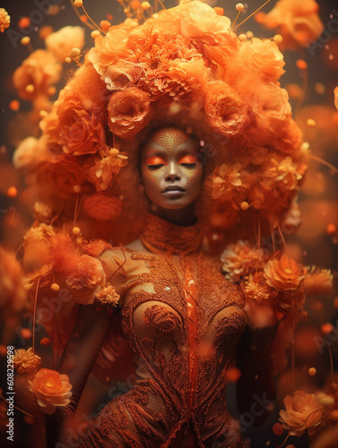 Hübsches Afroamerikanisches Model Gesicht mit Kopfschmuck orange Farbe aus Blumen umhüllt Poster Nahaufnahme, ai generativ