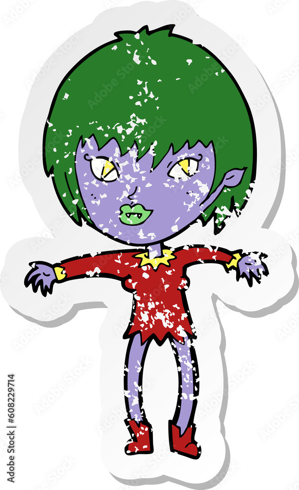 retro distressed sticker of a cartoon vampire girl