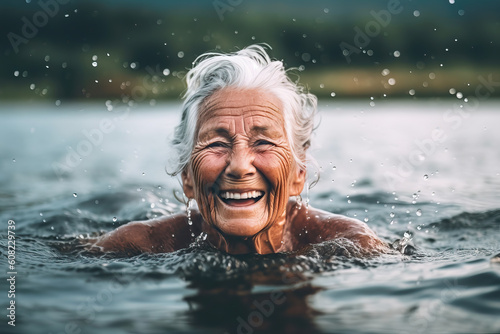 portrait of older woman swimming in lake, ai generated © wernerimages
