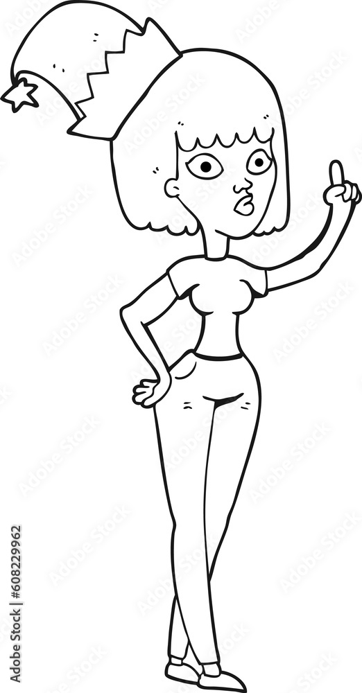 freehand drawn black and white cartoon woman wearing christmas hat freehand drawn black and white cartoon woman wearing christmas hat