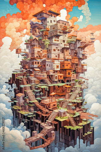 Urban small houses to a big castle in the fantasy land in the clouds Illustration ai generated 