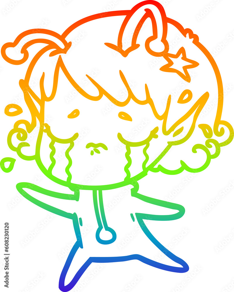 rainbow gradient line drawing of a cartoon crying alien girl rainbow gradient line drawing of a cartoon crying alien girl