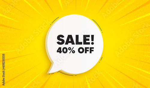 Sale 40 percent off discount. Speech bubble sunburst banner. Promotion price offer sign. Retail badge symbol. Sale chat speech message. Yellow sun burst background. Vector