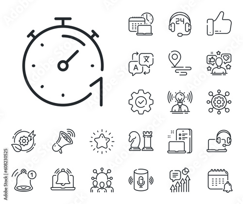 Stopwatch time sign. Place location, technology and smart speaker outline icons. Timer 1 minute line icon. Countdown clock symbol. Timer line sign. Influencer, brand ambassador icon. Vector