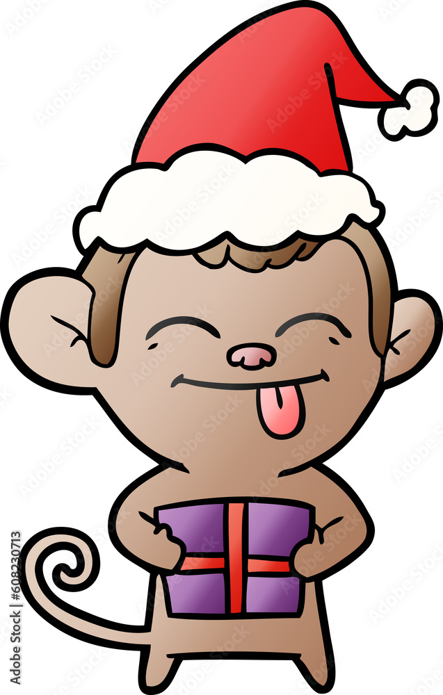 funny hand drawn gradient cartoon of a monkey with christmas present wearing santa hat funny hand drawn gradient cartoon of a monkey with christmas present wearing santa hat