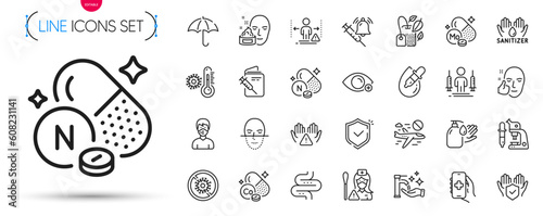 Pack of Vitamin n, Social distance and Wash hands line icons. Include Mint bag, Medical mask, Shield pictogram icons. Molybdenum mineral, Healthy face, Cancel flight signs. Vector